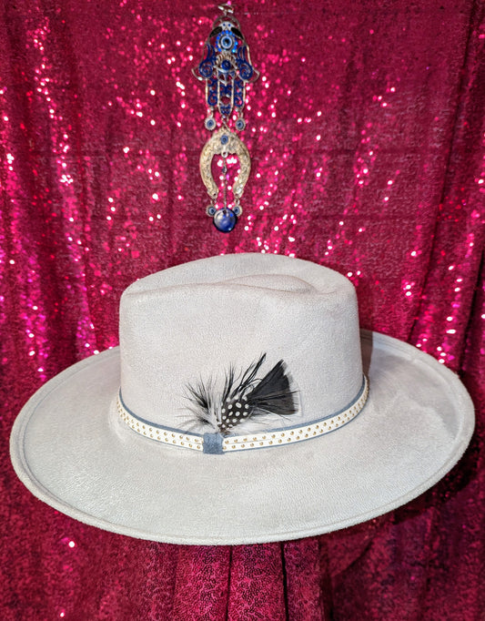 Light gray/blue fedora with feather