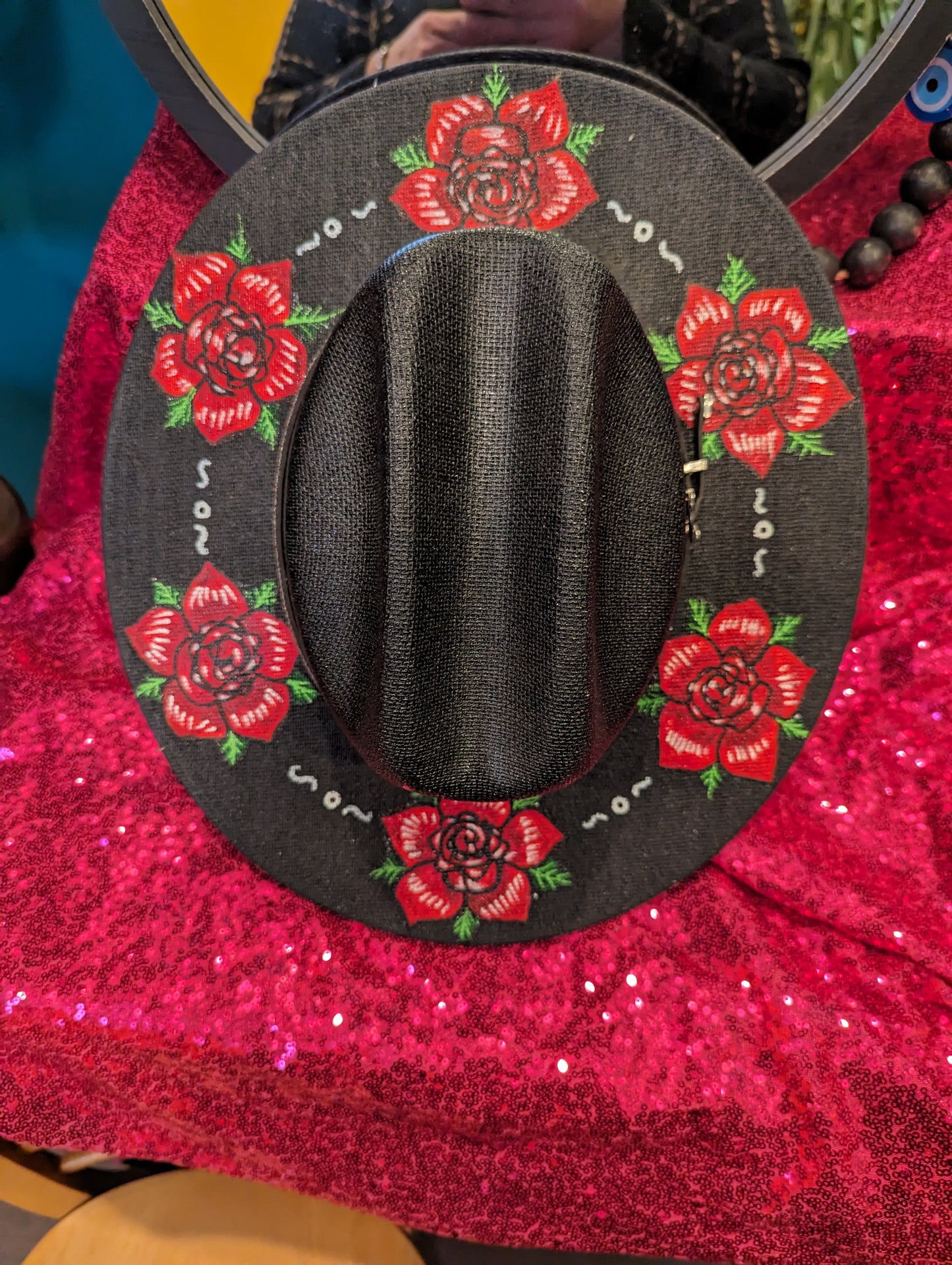 Black (M) Americana Style Hat with Hand Painted Roses