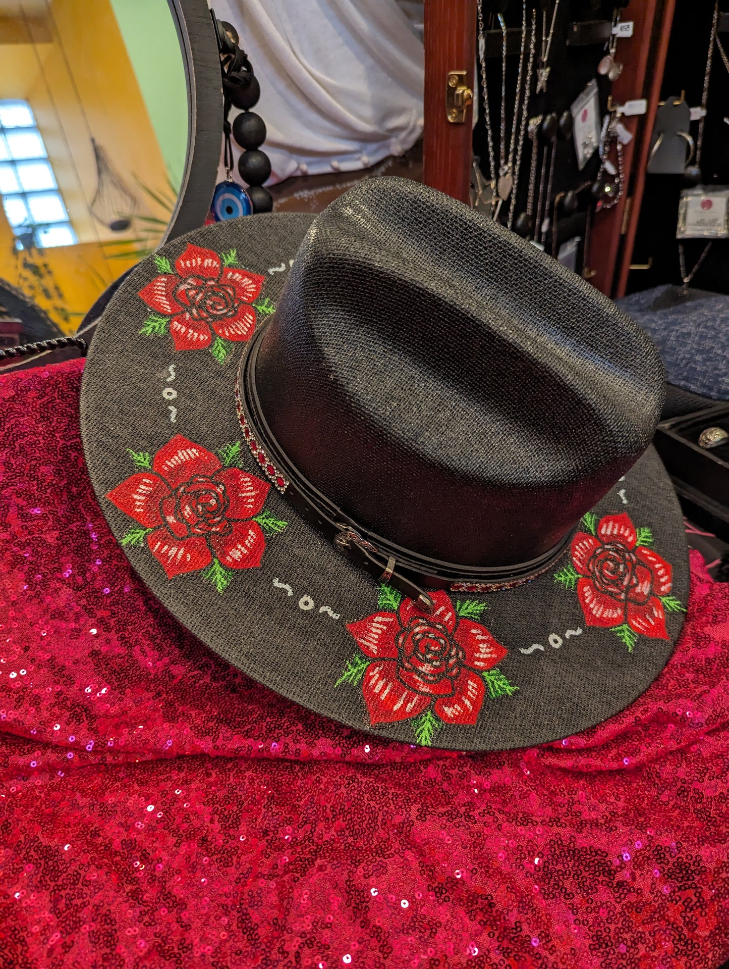 Black (M) Americana Style Hat with Hand Painted Roses